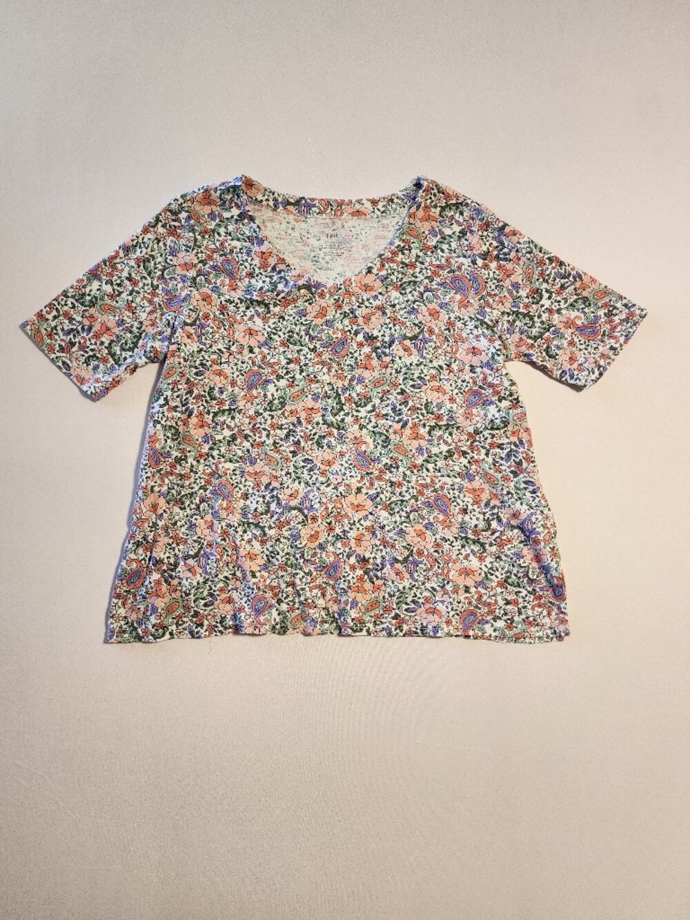 J Jill Pima Slub Elbow Sleeve Tee Women Blouse SP Floral Paisley V Neck Top
